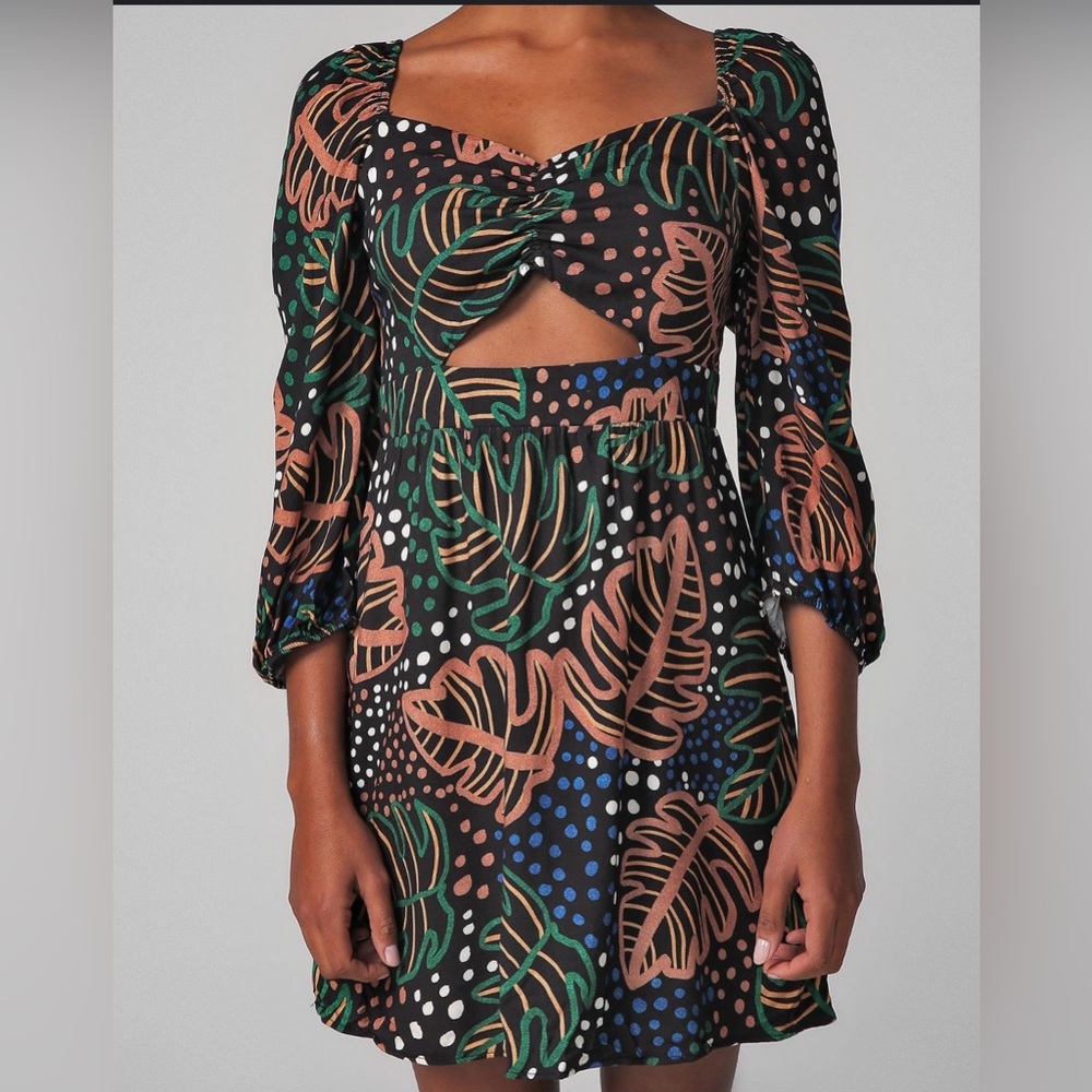 Tropical Leaf Print Coquette Feminine Stylish 3/4 Sleeve Off Shoulder Dress Med